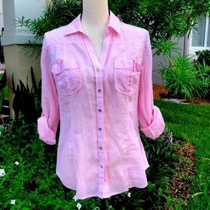 Express Pink/with silver accent stripe roll sleeve 👚 blouse. Like New.